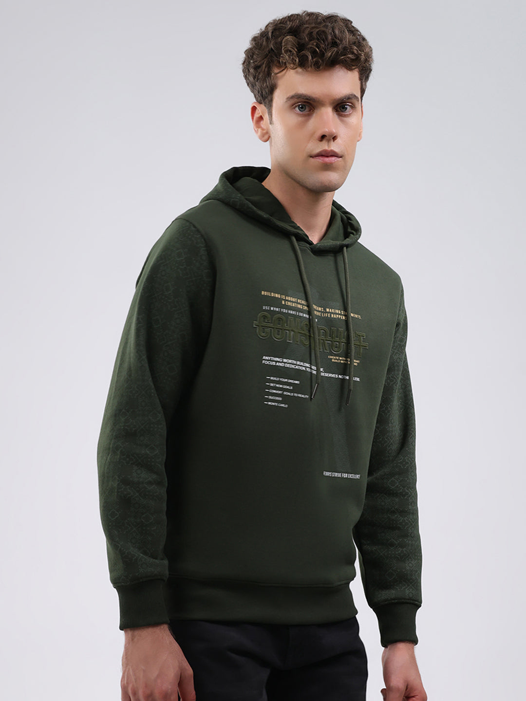 Men Olive Solid Hooded Full Sleeve Sweatshirt