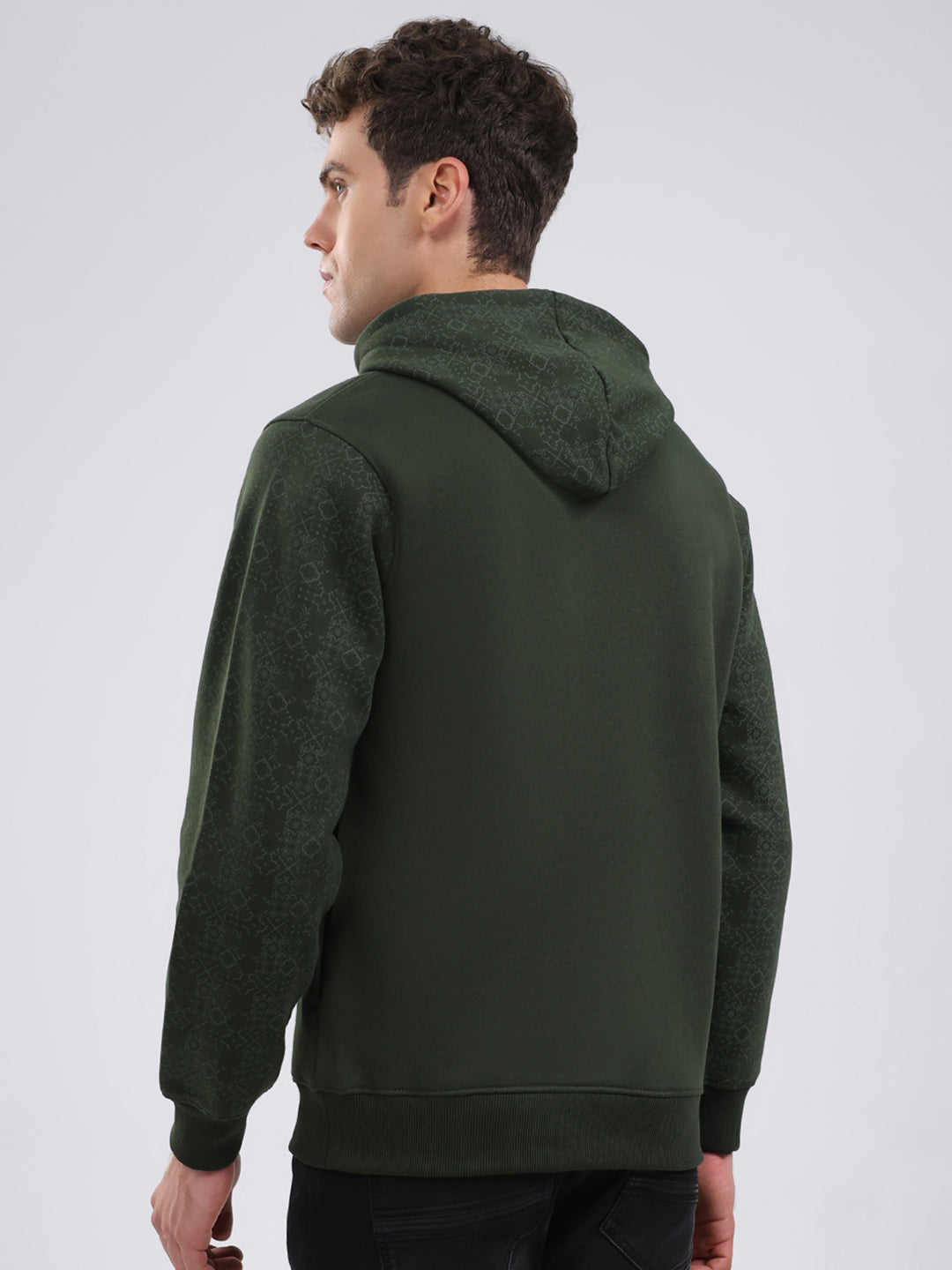 Men Olive Solid Hooded Full Sleeve Sweatshirt