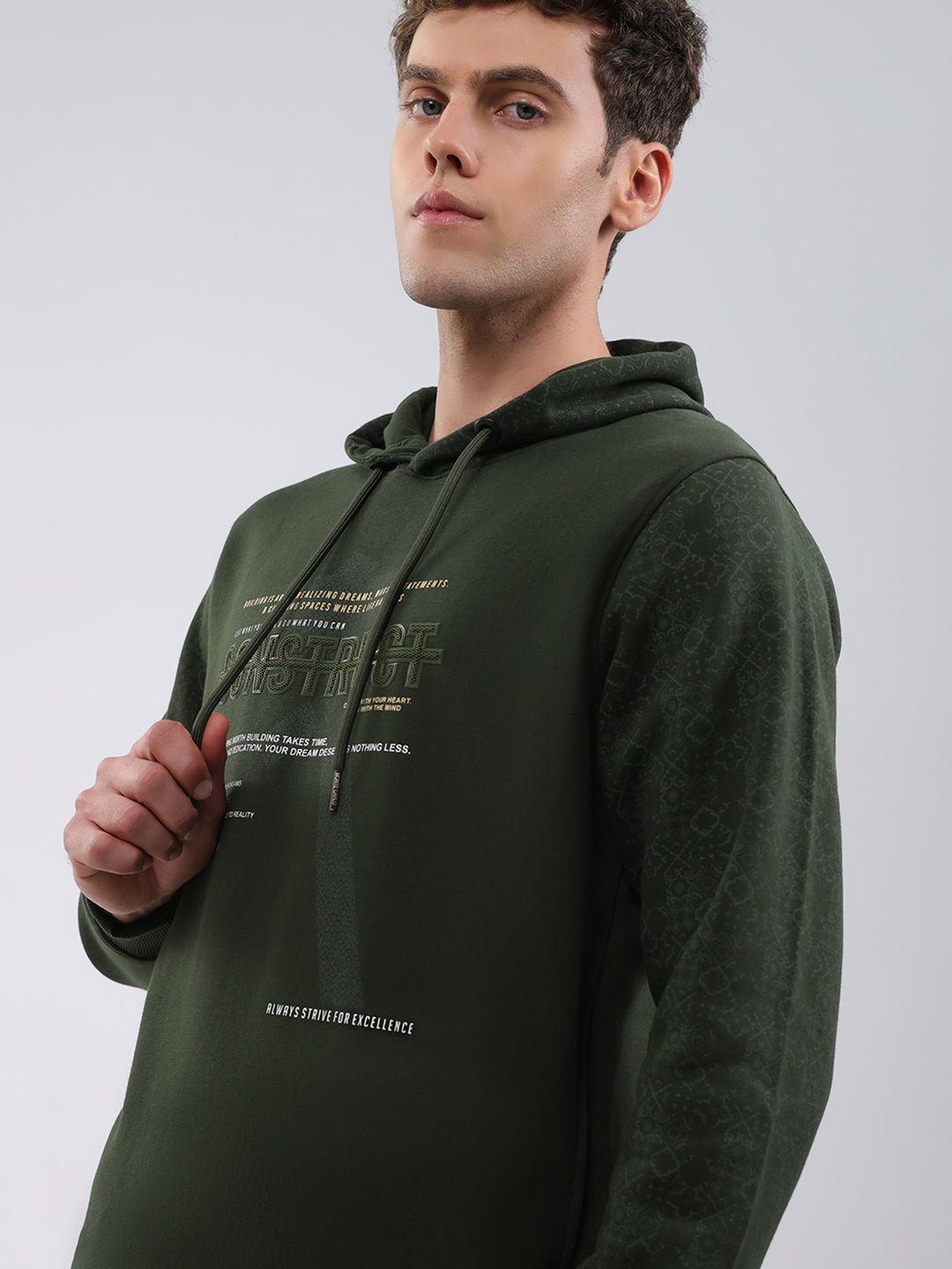 Men Olive Solid Hooded Full Sleeve Sweatshirt