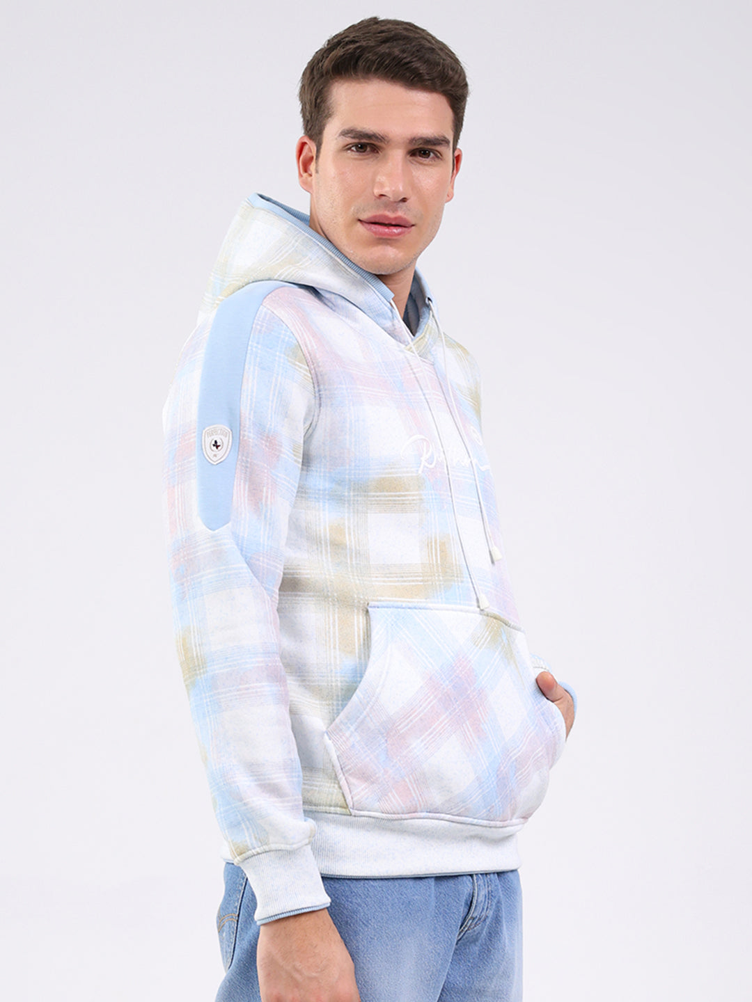 Men White & Blue Printed Hooded Full Sleeve Sweatshirt