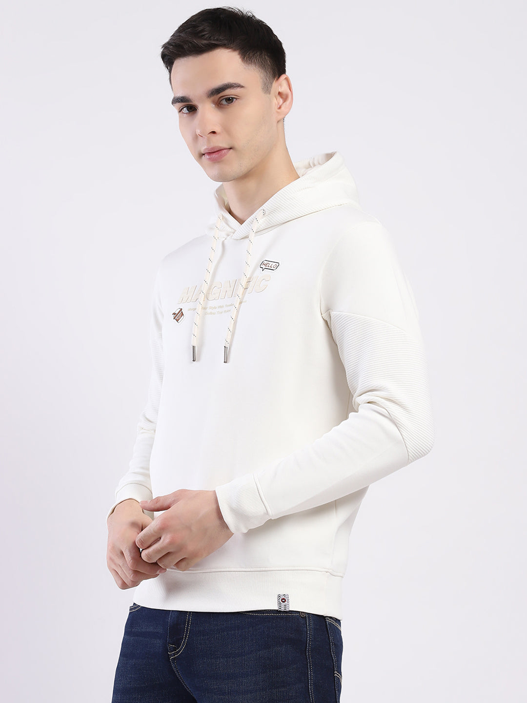 Men Off White Printed Hooded Full Sleeve Sweatshirt