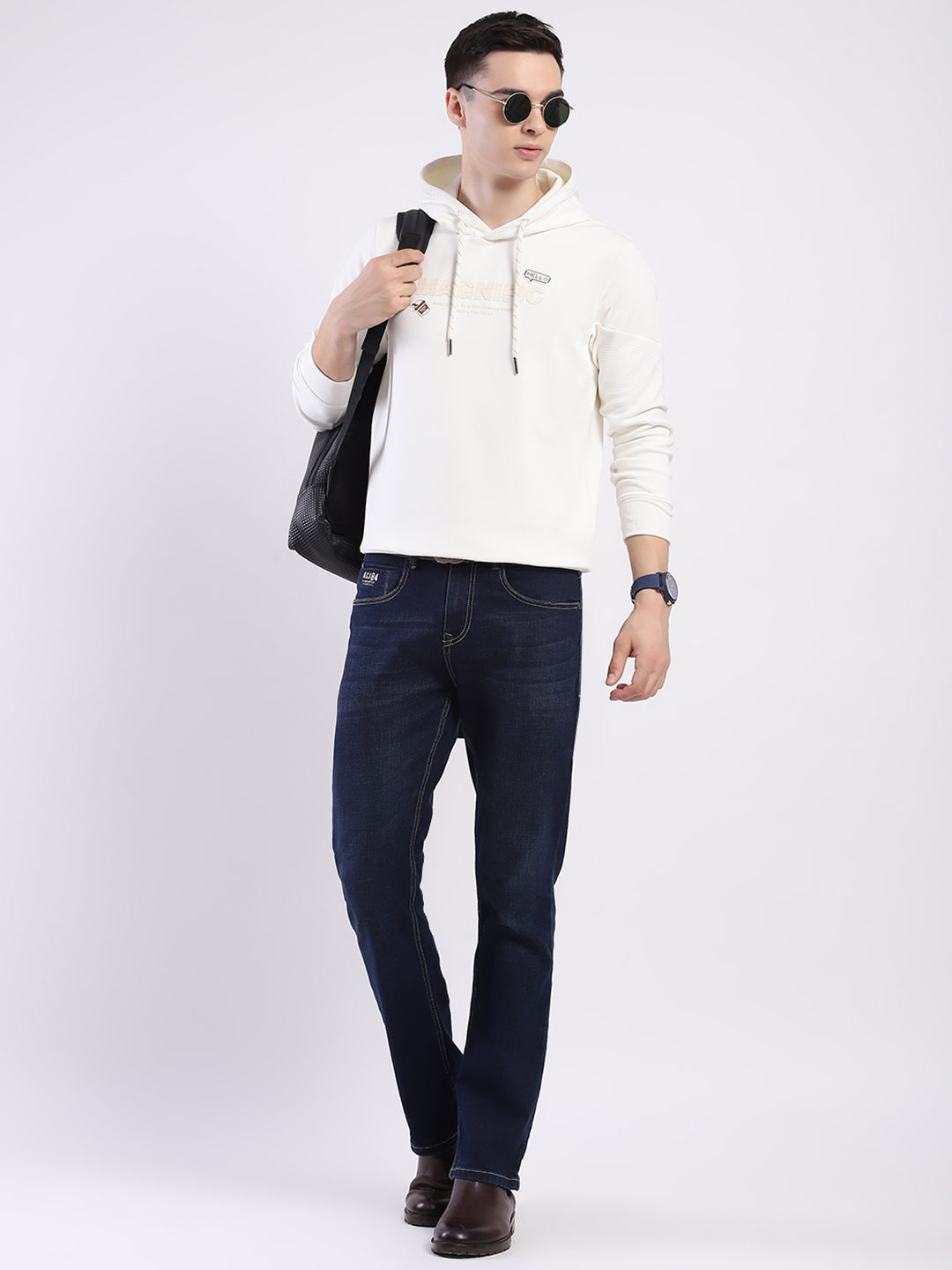 Men Off White Printed Hooded Full Sleeve Sweatshirt