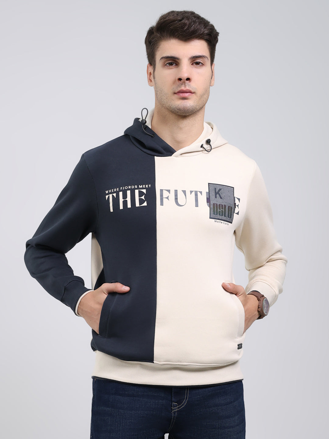 Men Grey Printed Hooded Full Sleeve Sweatshirt