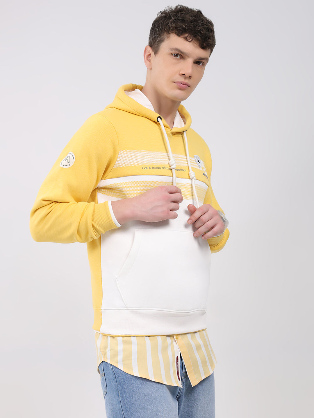 Men Yellow Solid Hooded Full Sleeve Sweatshirt