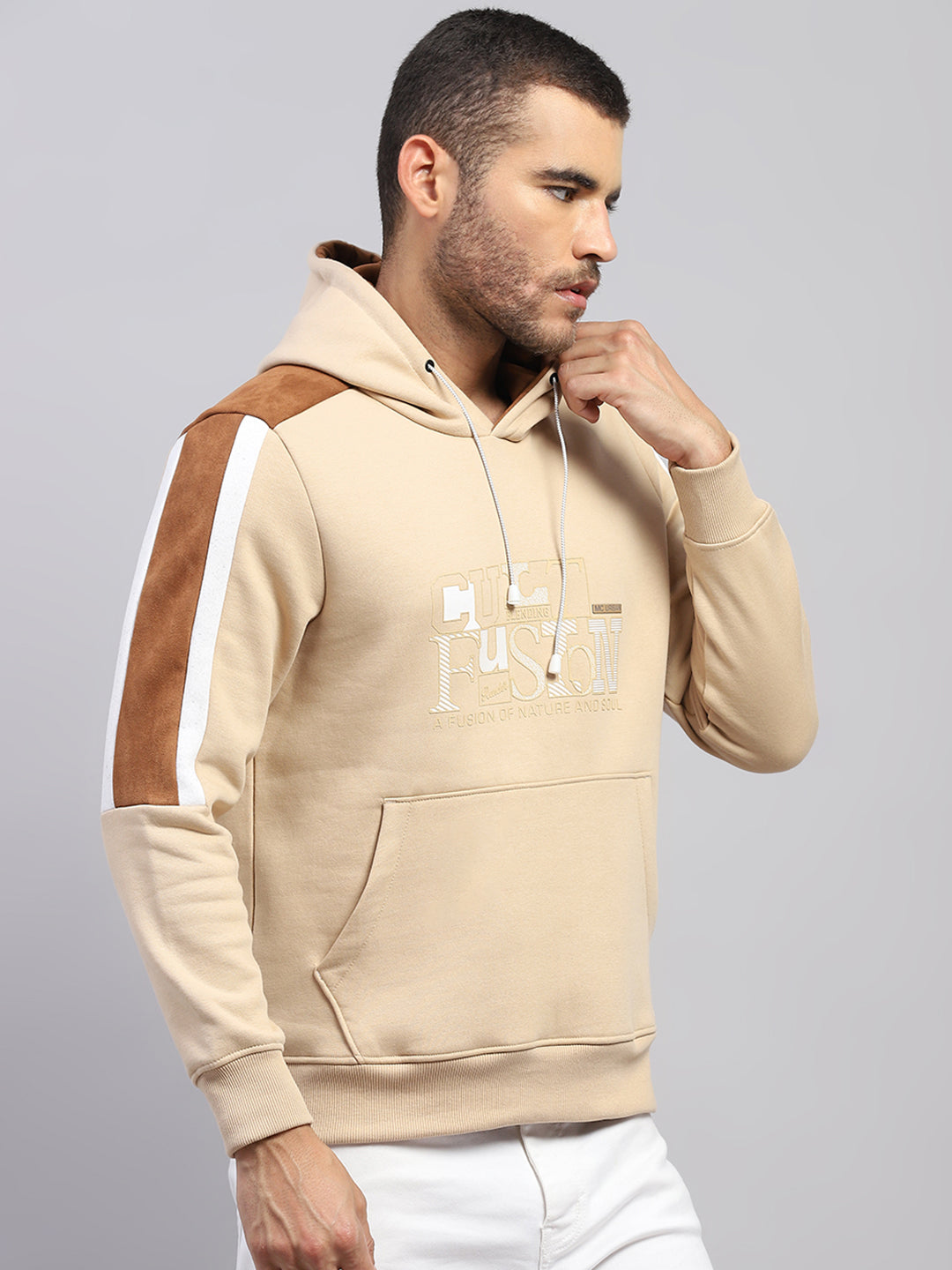 Men Beige Solid Hooded Full Sleeve Sweatshirt