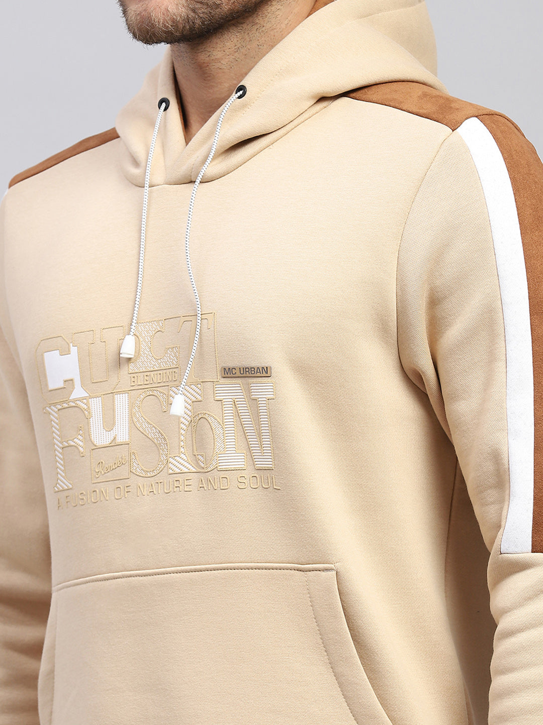 Men Beige Solid Hooded Full Sleeve Sweatshirt