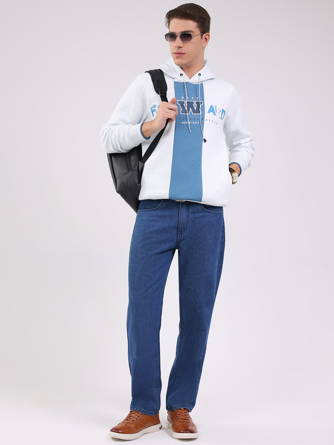 Men Blue Printed Hooded Full Sleeve Sweatshirt