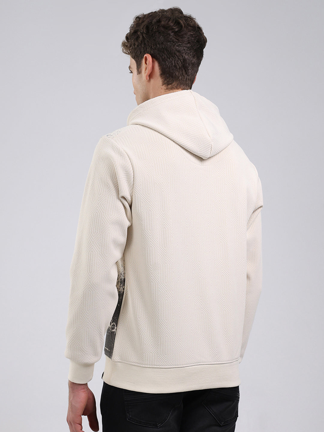 Men Off White Solid Hooded Full Sleeve Sweatshirt