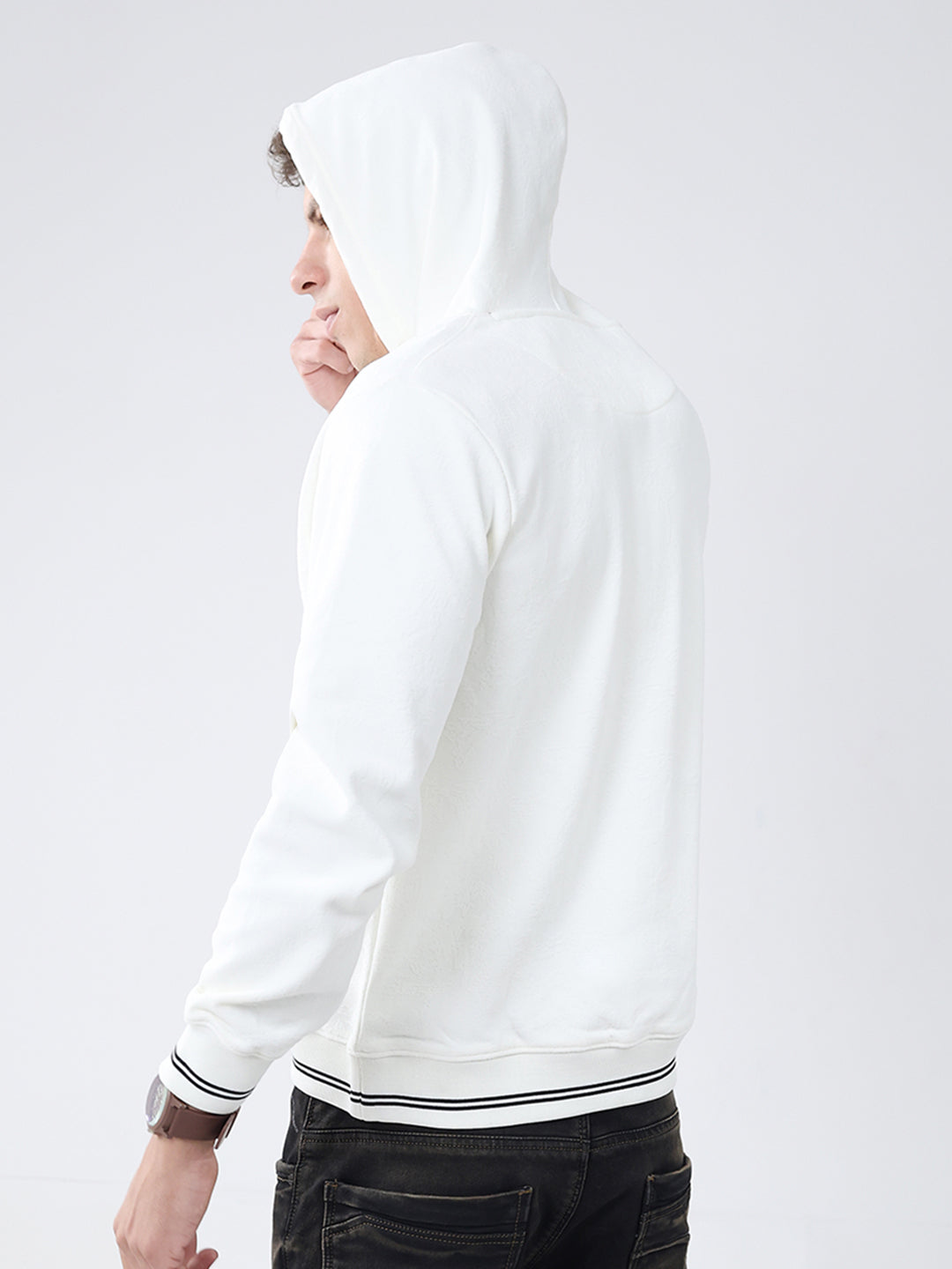Men White Solid Hooded Full Sleeve Sweatshirt