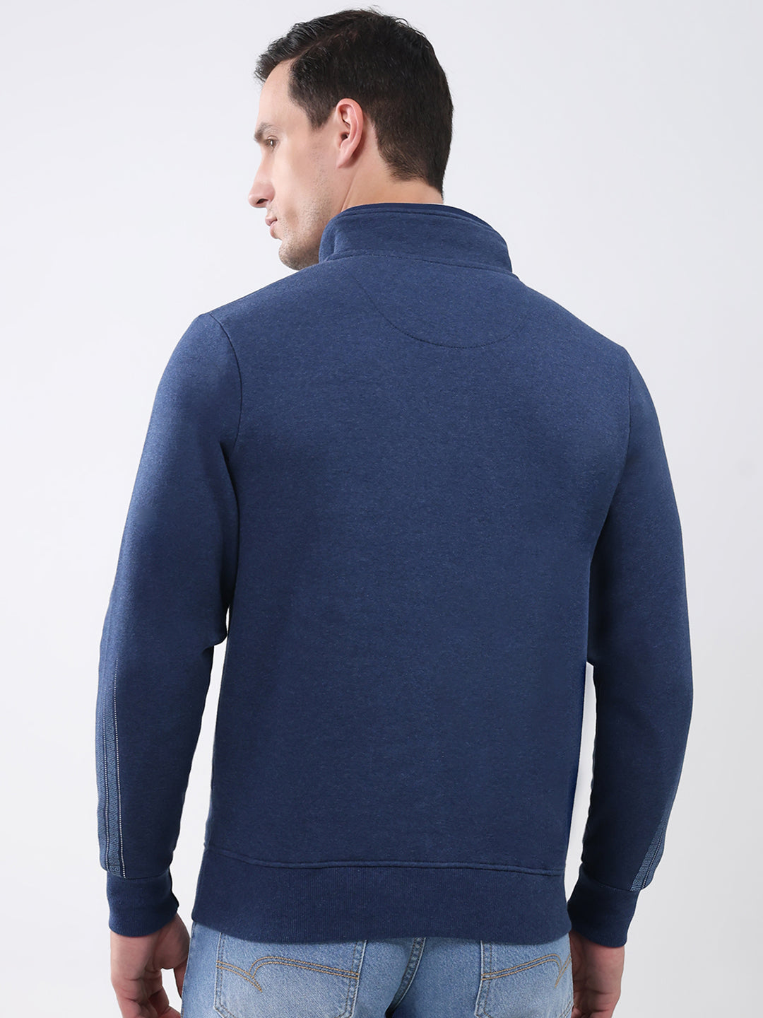 Men Navy Blue Solid Mock Neck Full Sleeve Sweatshirt