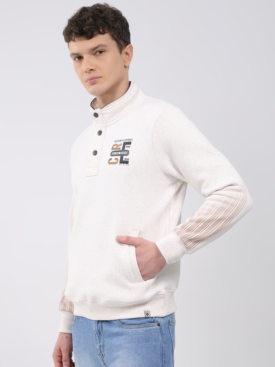 Men Off White Printed Mock Neck Full Sleeve Sweatshirt