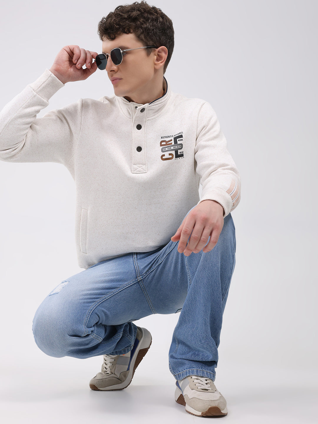 Men Off White Printed Mock Neck Full Sleeve Sweatshirt