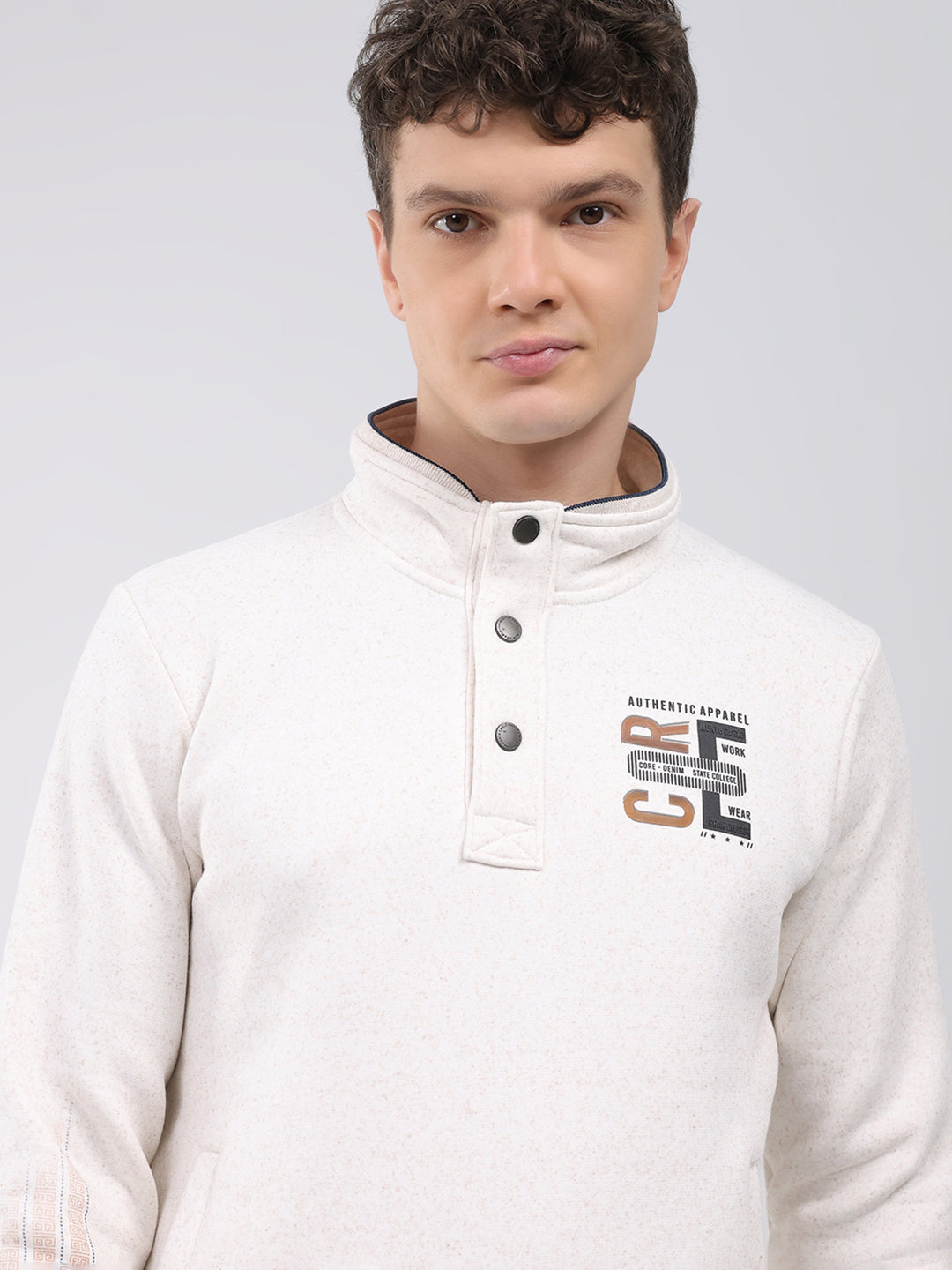 Men Off White Printed Mock Neck Full Sleeve Sweatshirt
