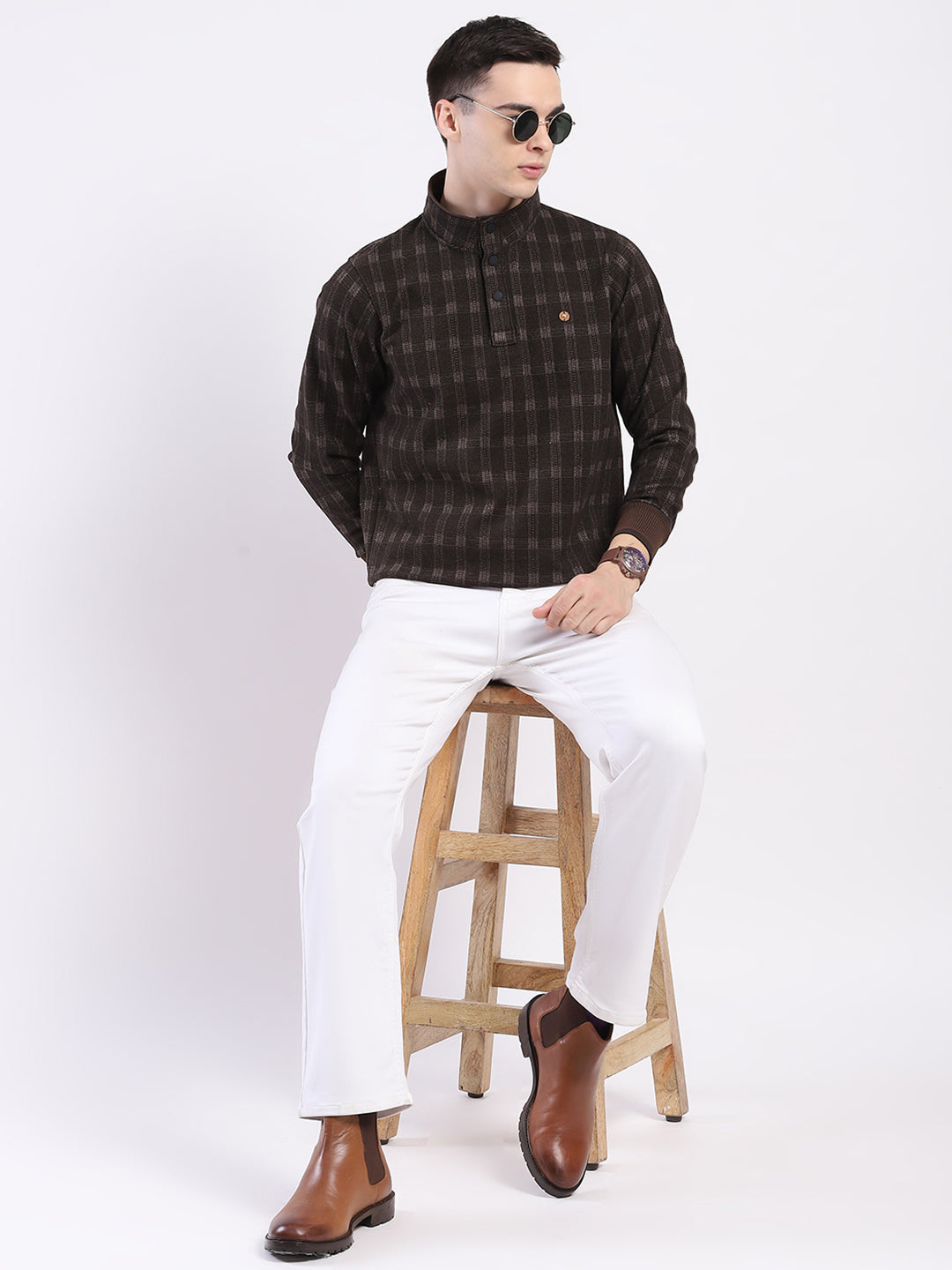 Men Brown Printed Mock Neck Full Sleeve Sweatshirt