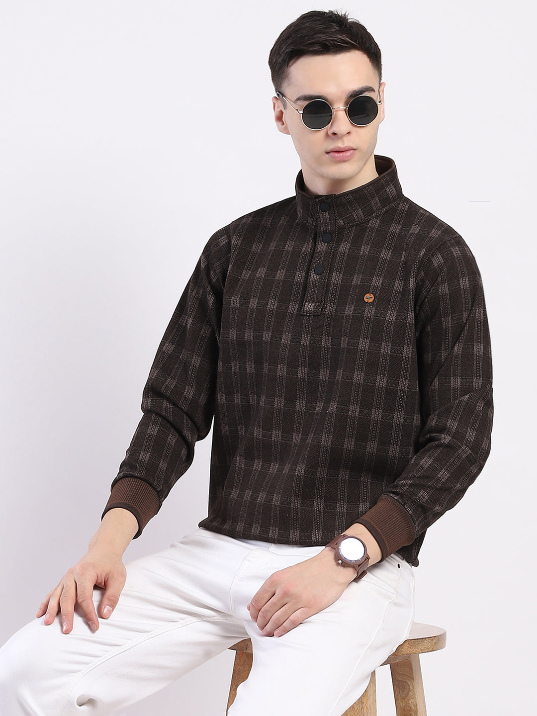 Men Brown Printed Mock Neck Full Sleeve Sweatshirt