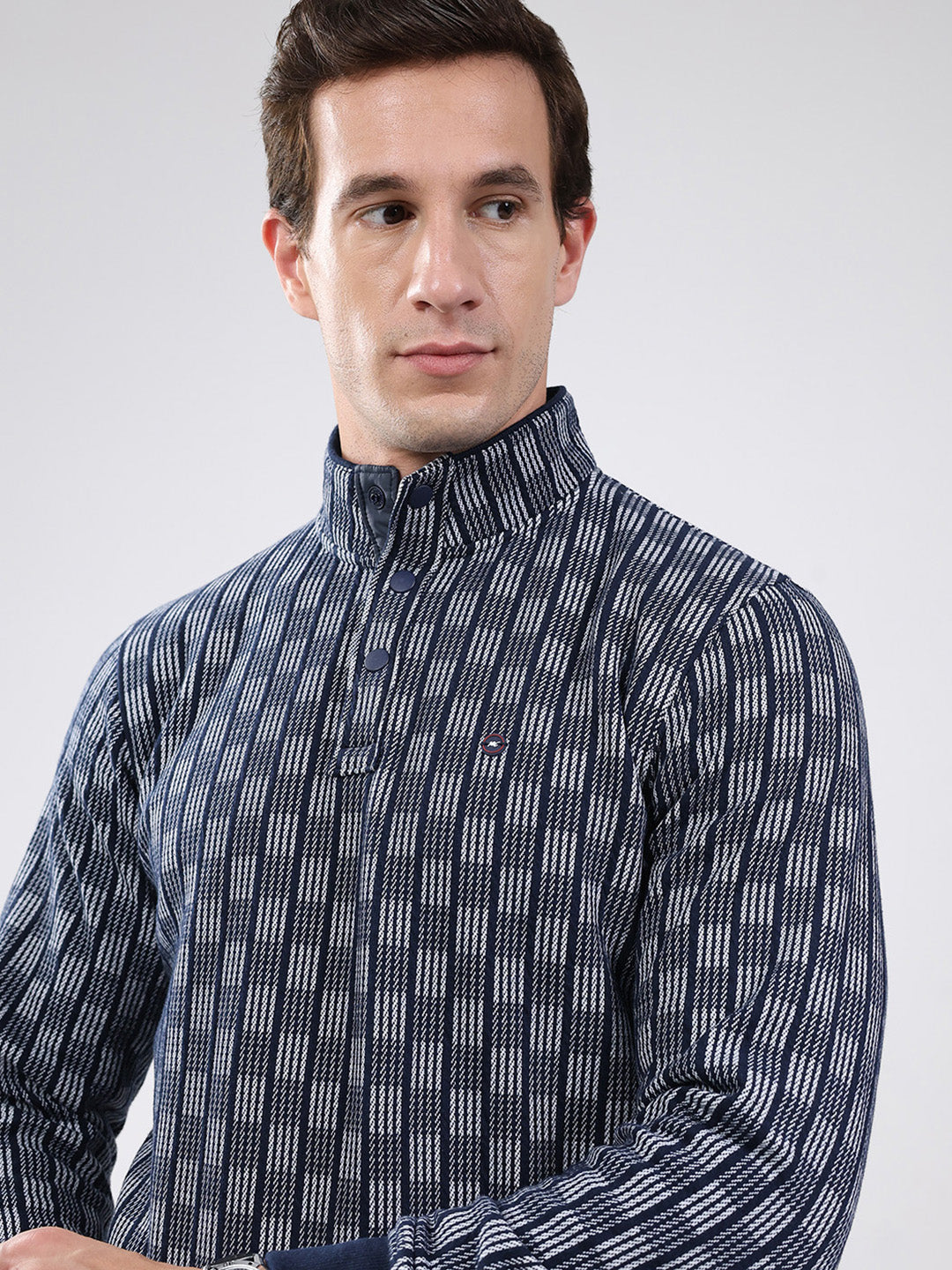 Men Navy Blue Solid Band Neck Full Sleeve Sweatshirt
