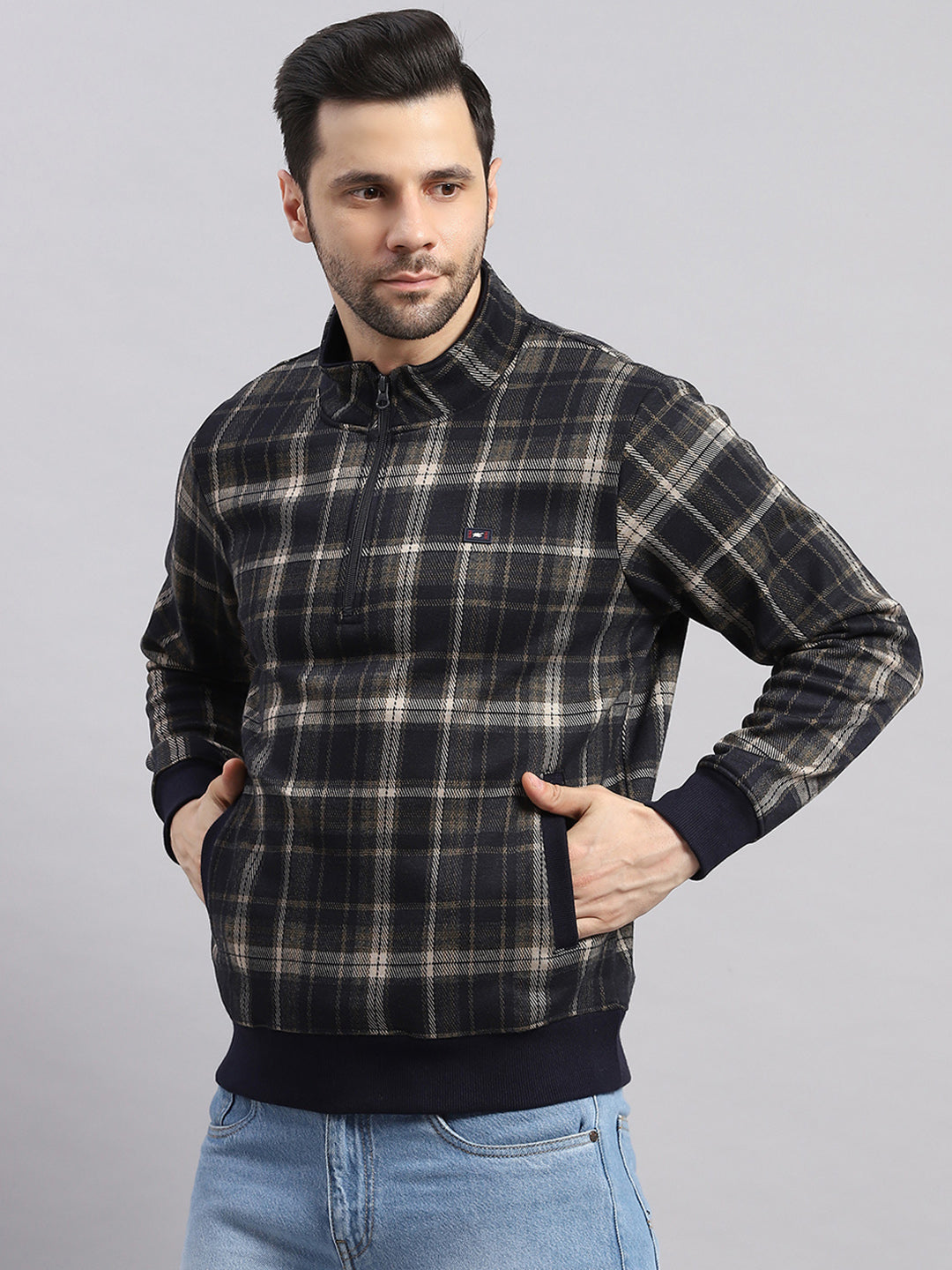 Men Navy Blue Self Design Collar Full Sleeve Sweatshirt
