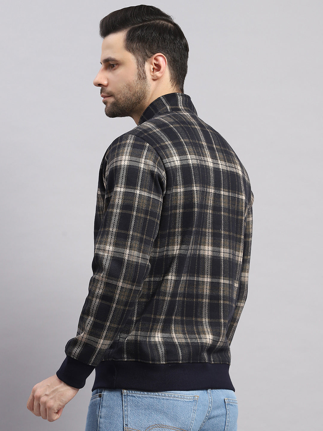 Men Navy Blue Self Design Collar Full Sleeve Sweatshirt