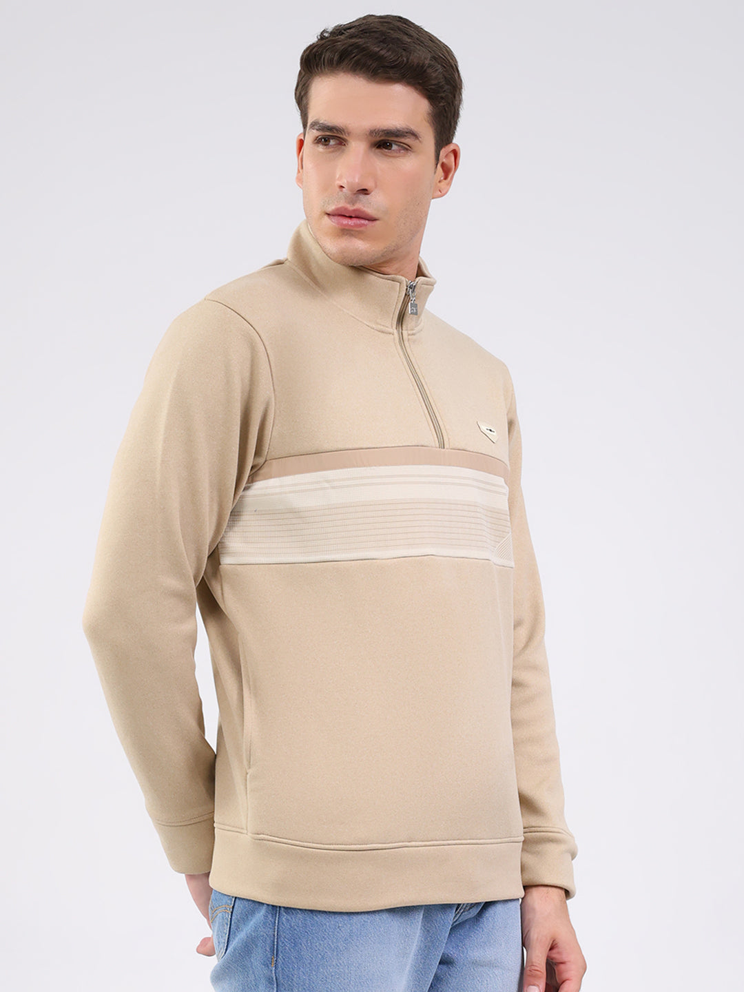 Men Beige Solid Mock Neck Full Sleeve Sweatshirt