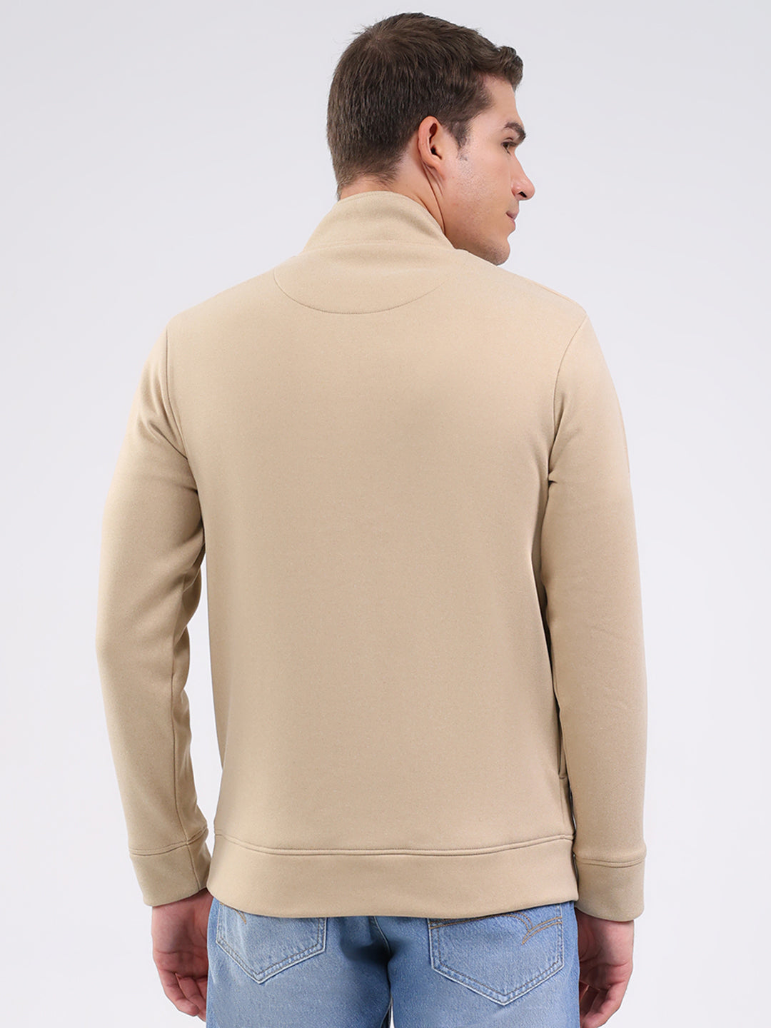 Men Beige Solid Mock Neck Full Sleeve Sweatshirt