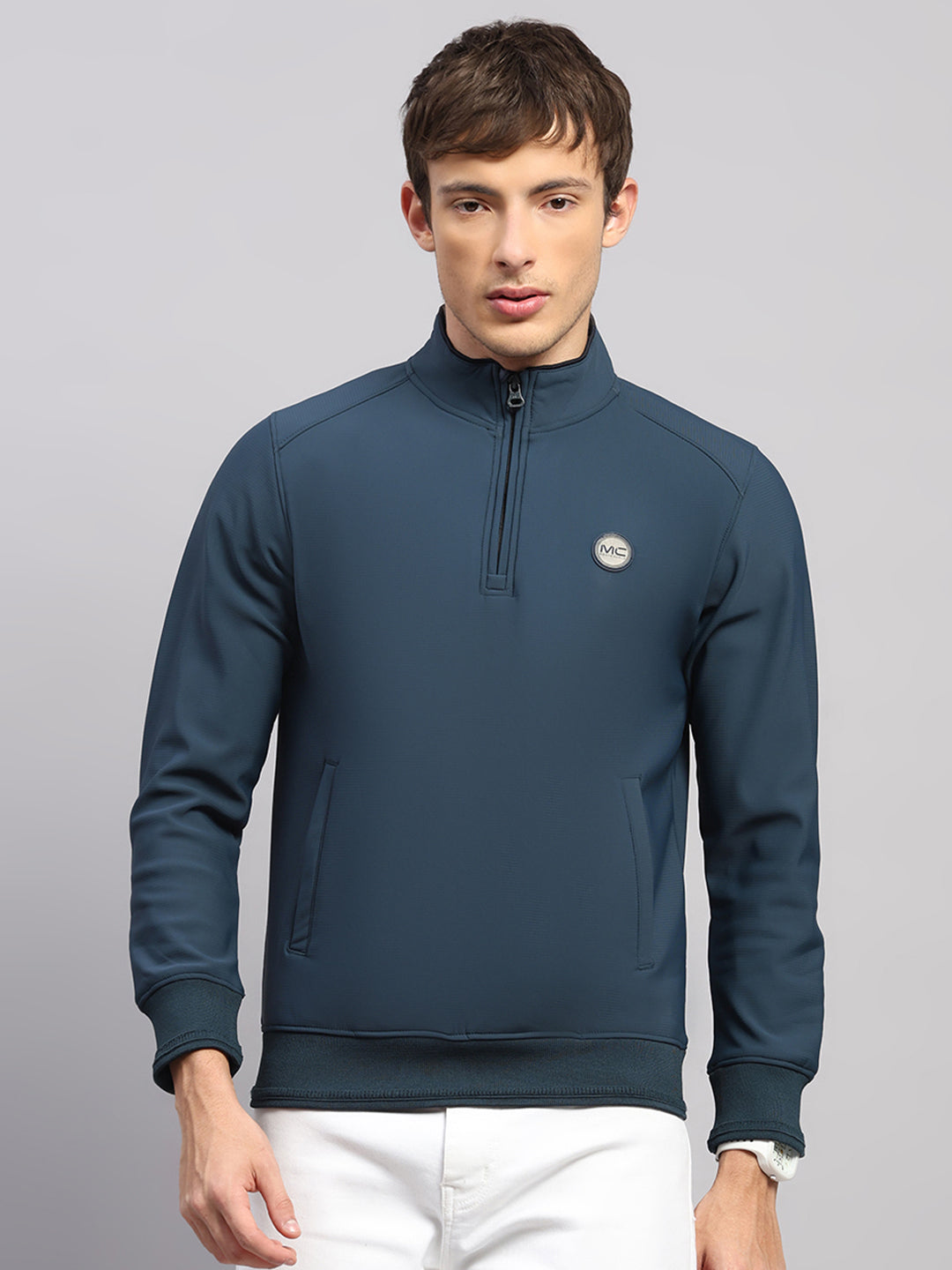 Men Teal Blue Solid Collar Full Sleeve Sweatshirt