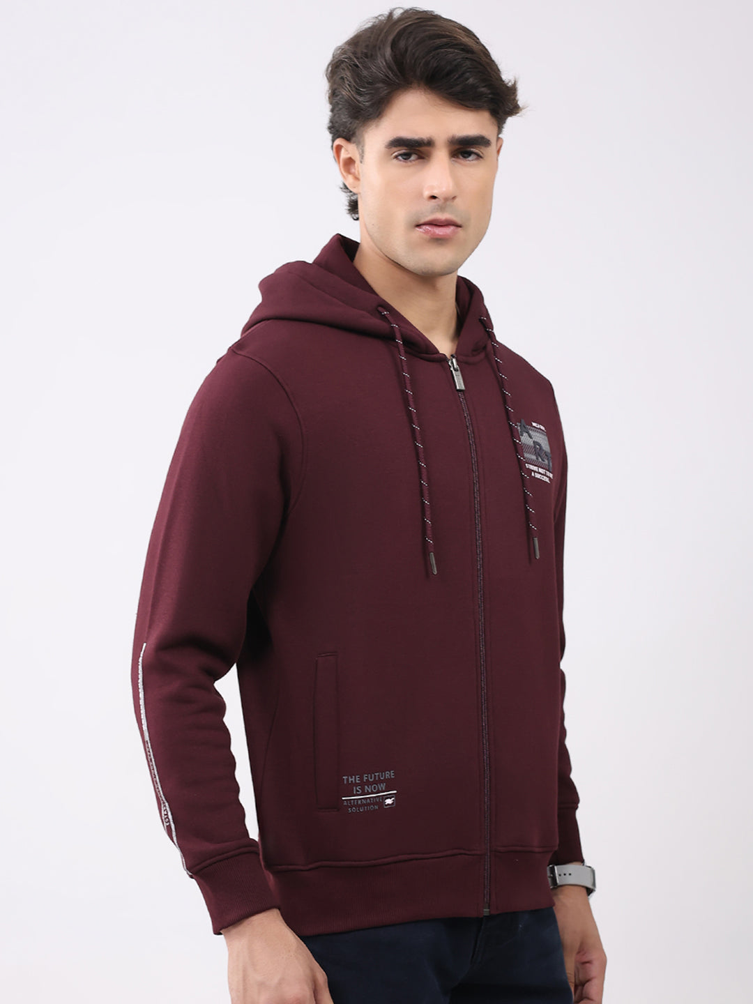 Men Maroon Solid Hooded Full Sleeve Sweatshirt
