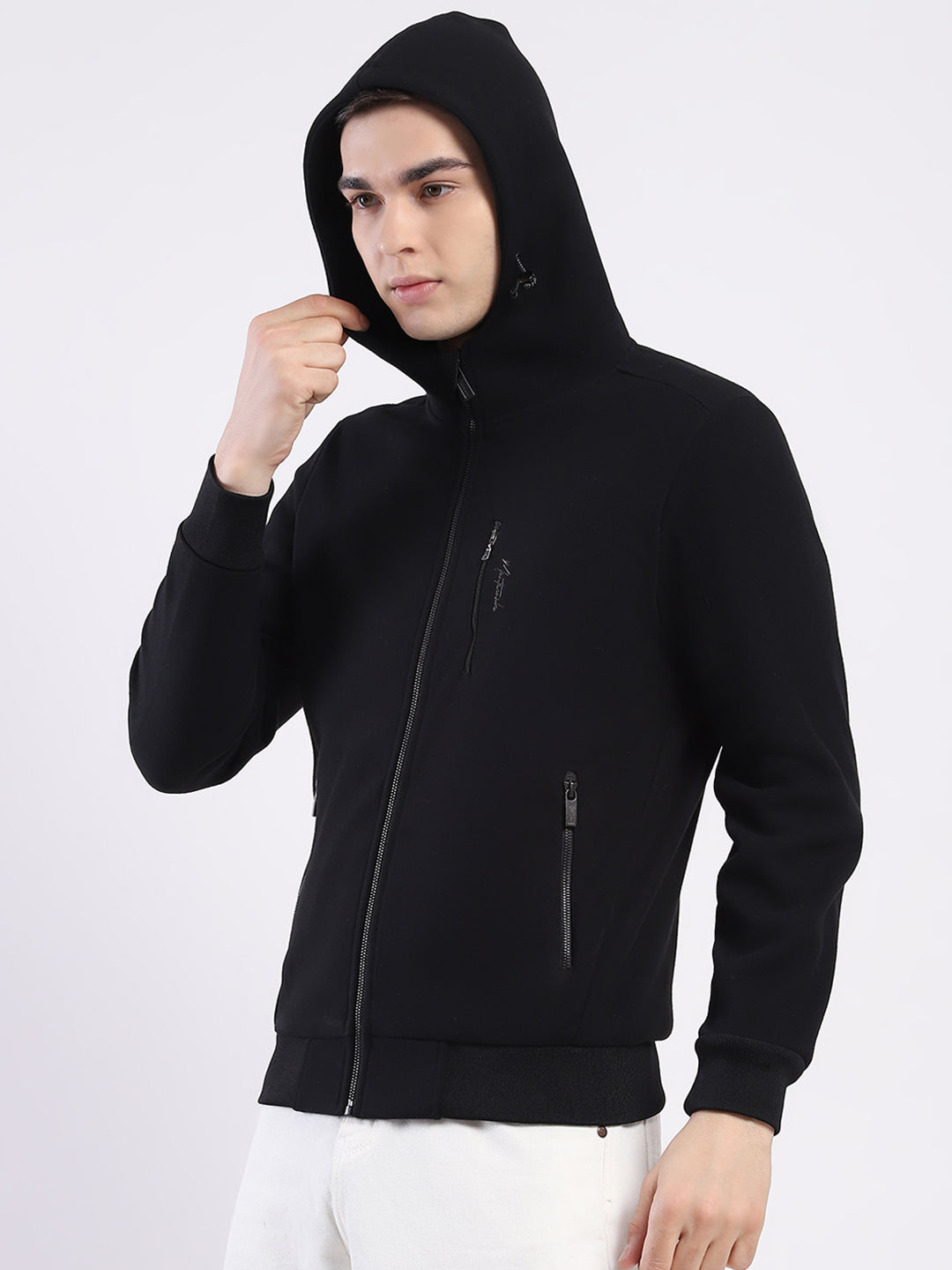 Men Black Solid Hooded Full Sleeve Sweatshirt
