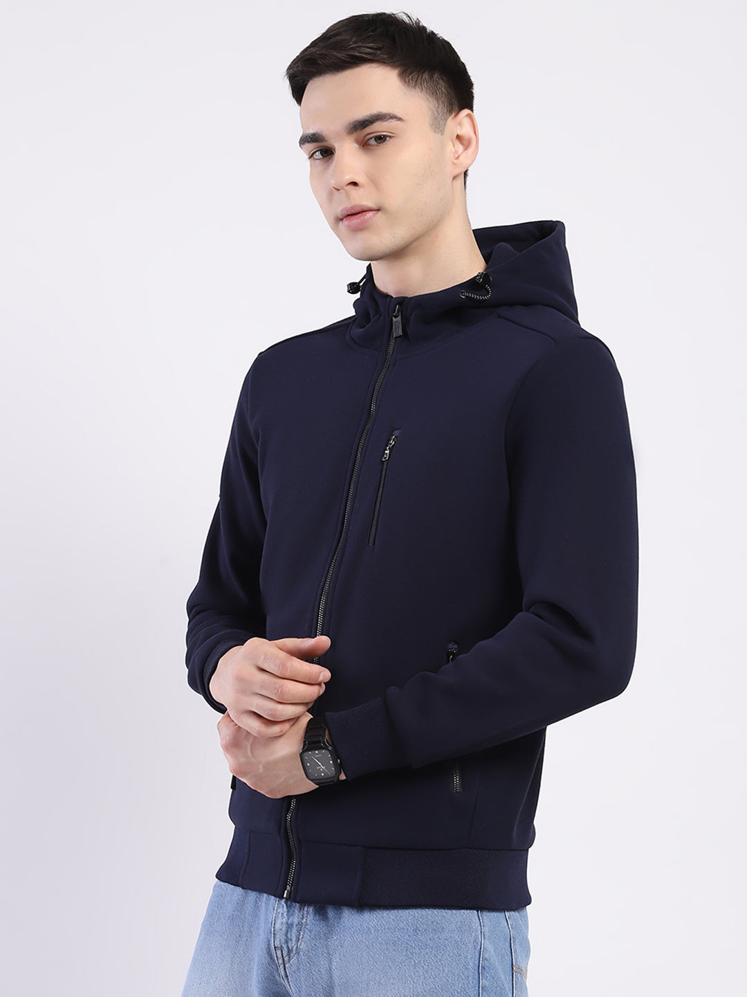 Men Navy Blue Solid Hooded Full Sleeve Sweatshirt