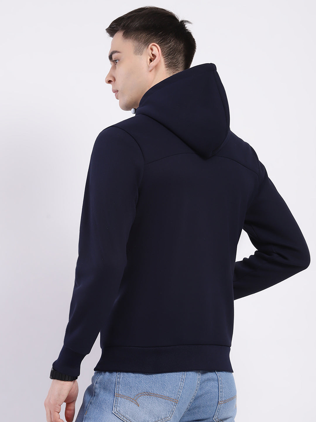 Men Navy Blue Solid Hooded Full Sleeve Sweatshirt
