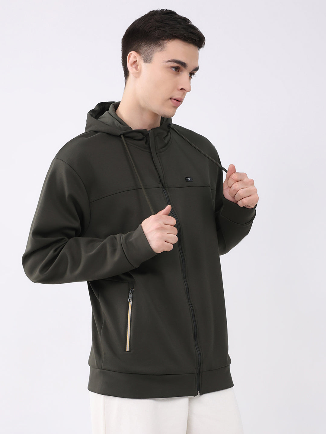 Men Olive Solid Hooded Full Sleeve Sweatshirt