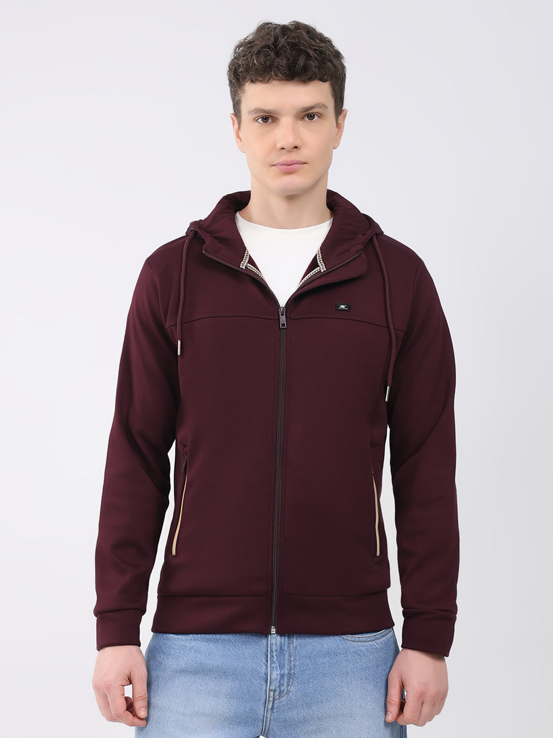 Men Maroon Solid Hooded Full Sleeve Sweatshirt