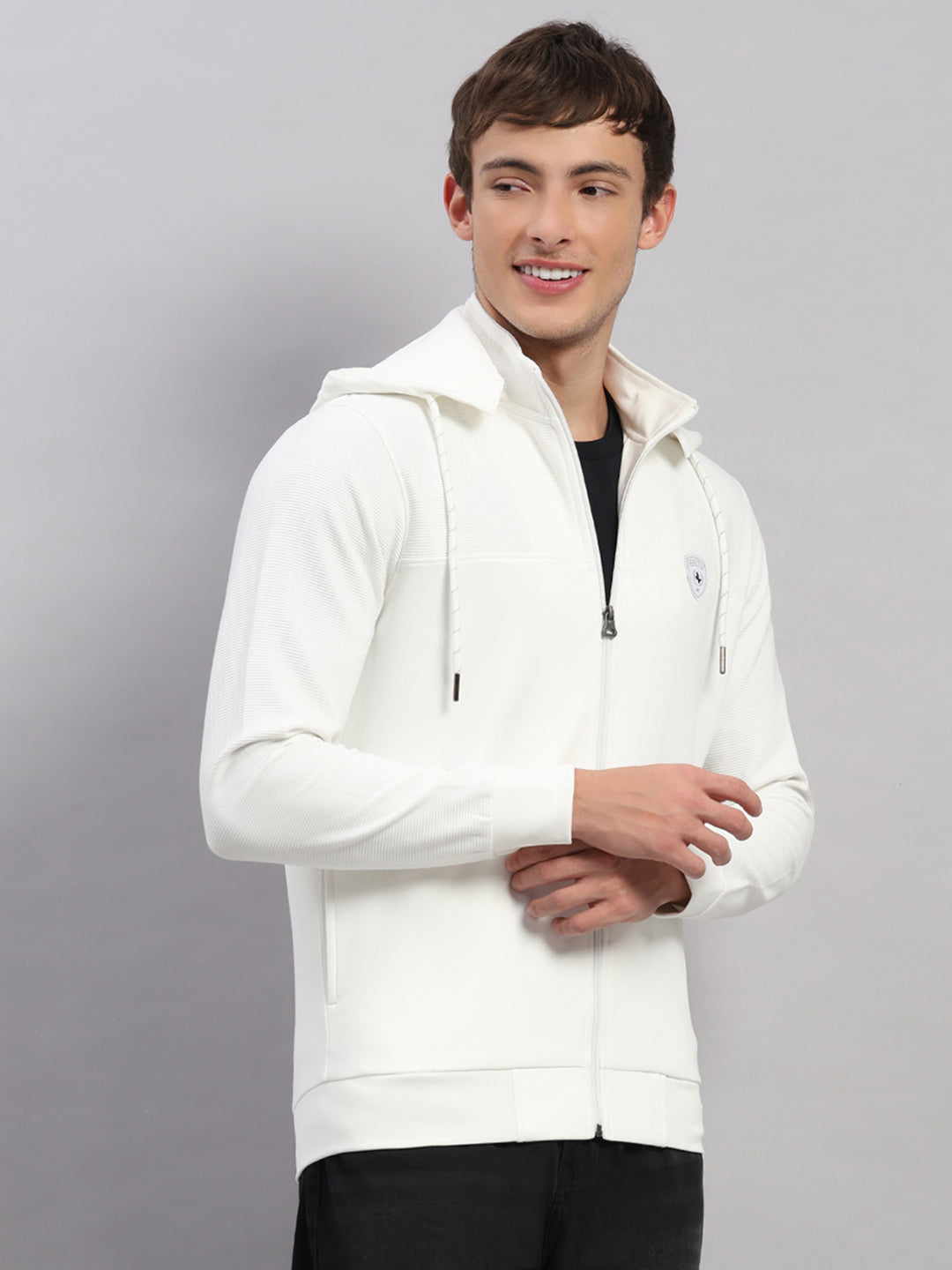 Men Off White Solid Hooded Full Sleeve Sweatshirt