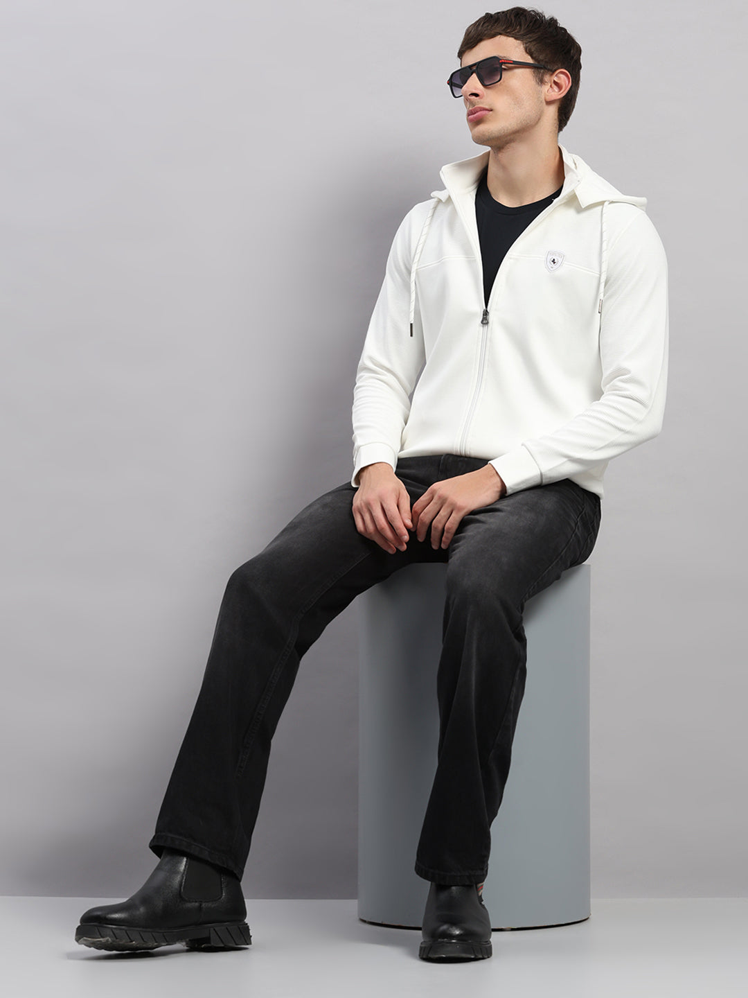 Men Off White Solid Hooded Full Sleeve Sweatshirt