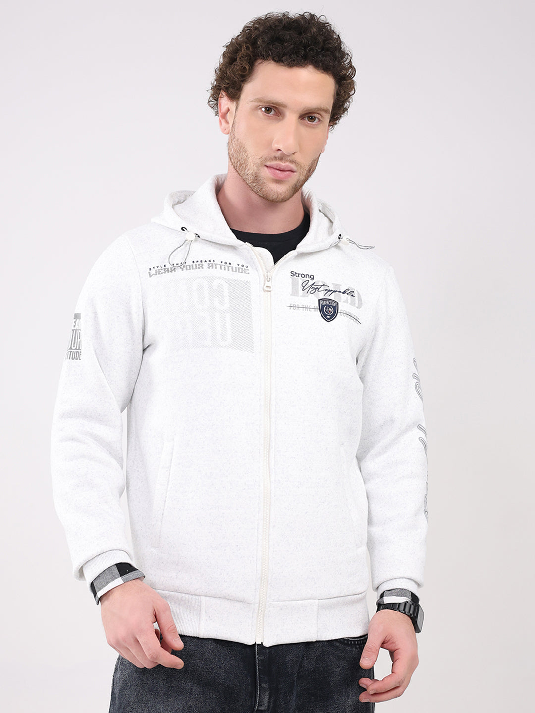 Men White Printed Hooded Full Sleeve Sweatshirt