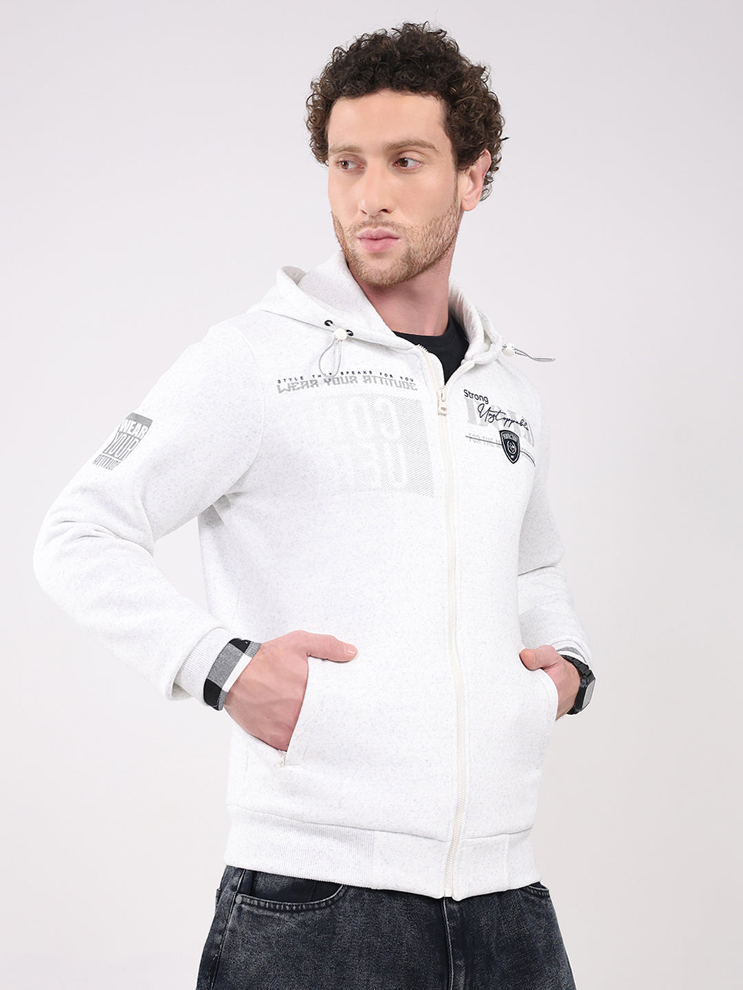 Men White Printed Hooded Full Sleeve Sweatshirt