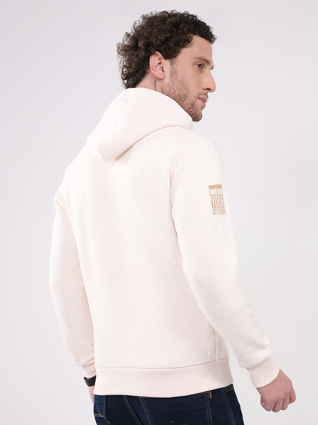 Men Beige Printed Hooded Full Sleeve Sweatshirt