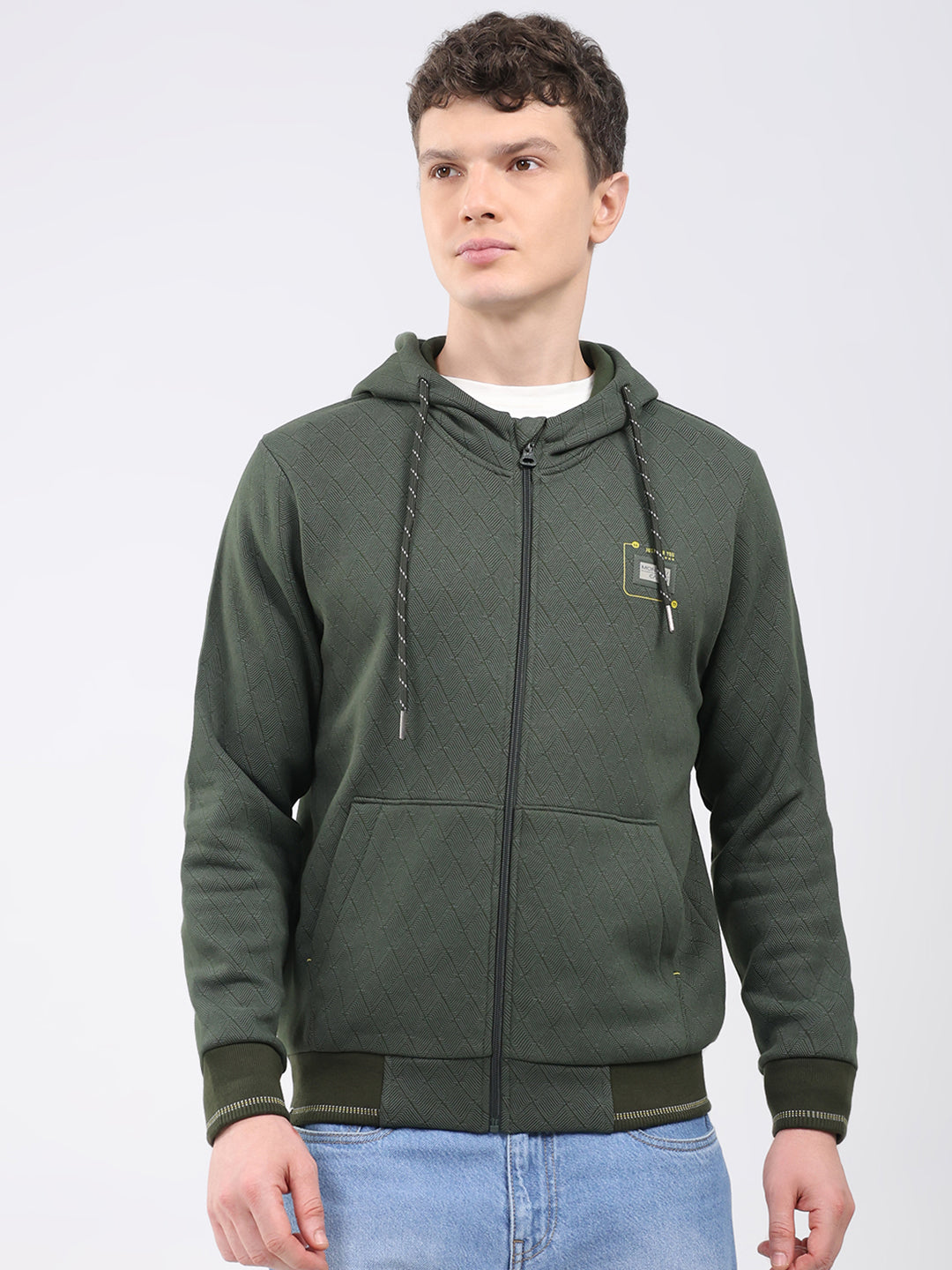 Men Olive Printed Hooded Full Sleeve Sweatshirt