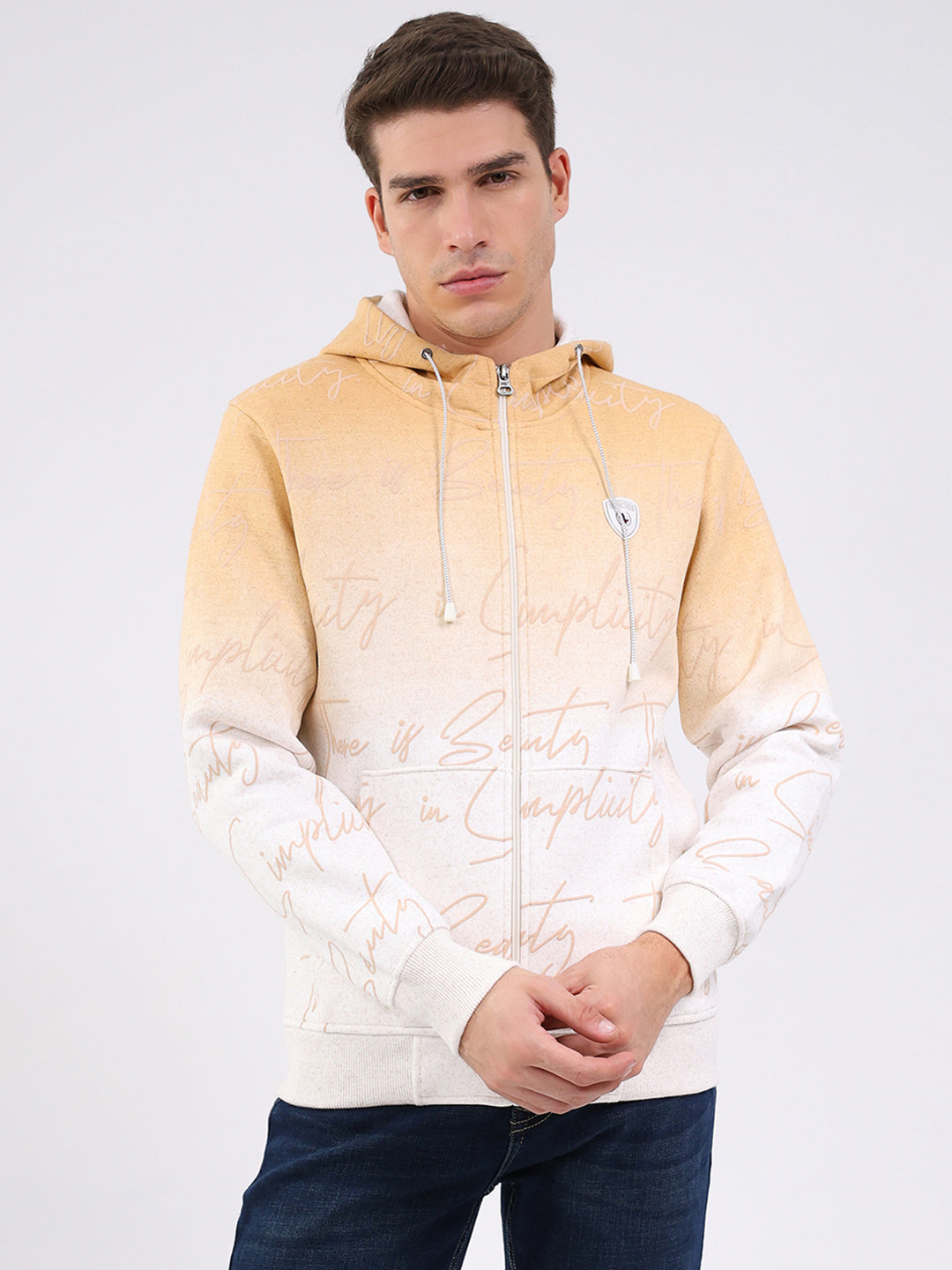 Men Beige Printed Hooded Full Sleeve Sweatshirt