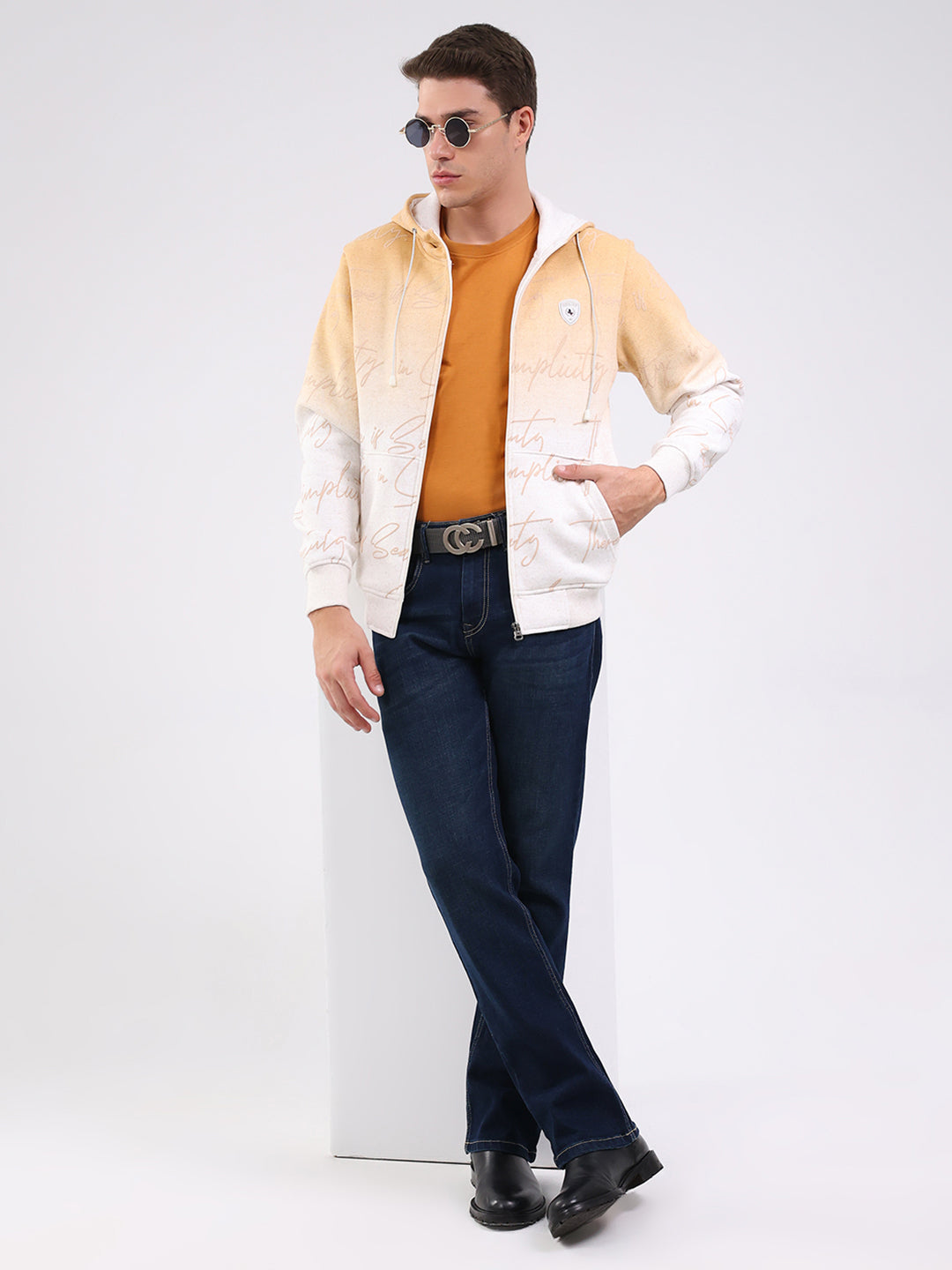 Men Beige Printed Hooded Full Sleeve Sweatshirt