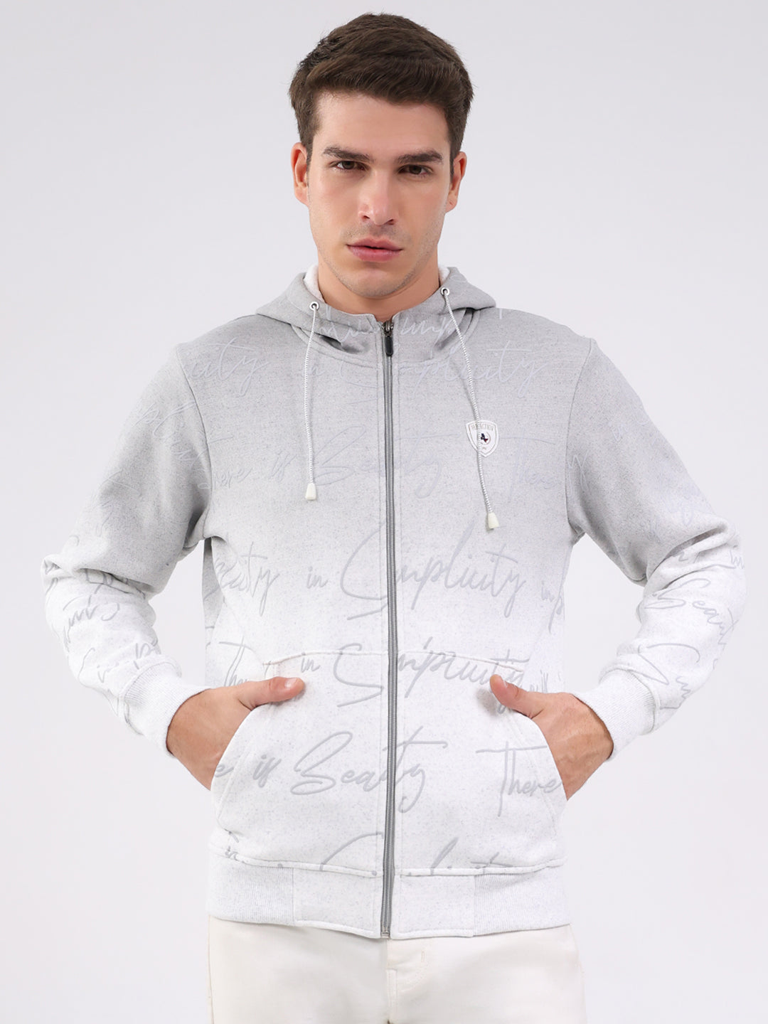 Men Grey Printed Hooded Full Sleeve Sweatshirt