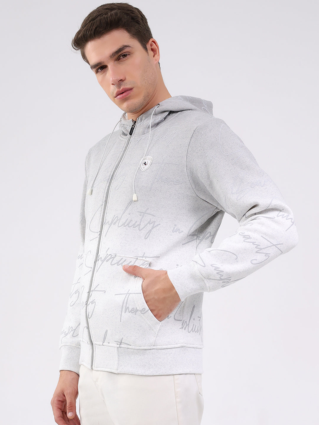 Men Grey Printed Hooded Full Sleeve Sweatshirt