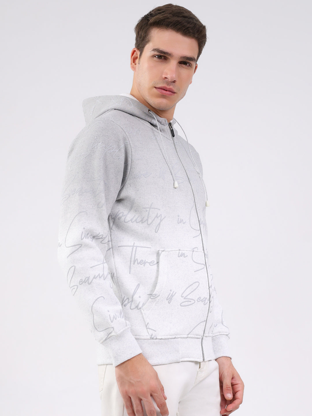 Men Grey Printed Hooded Full Sleeve Sweatshirt