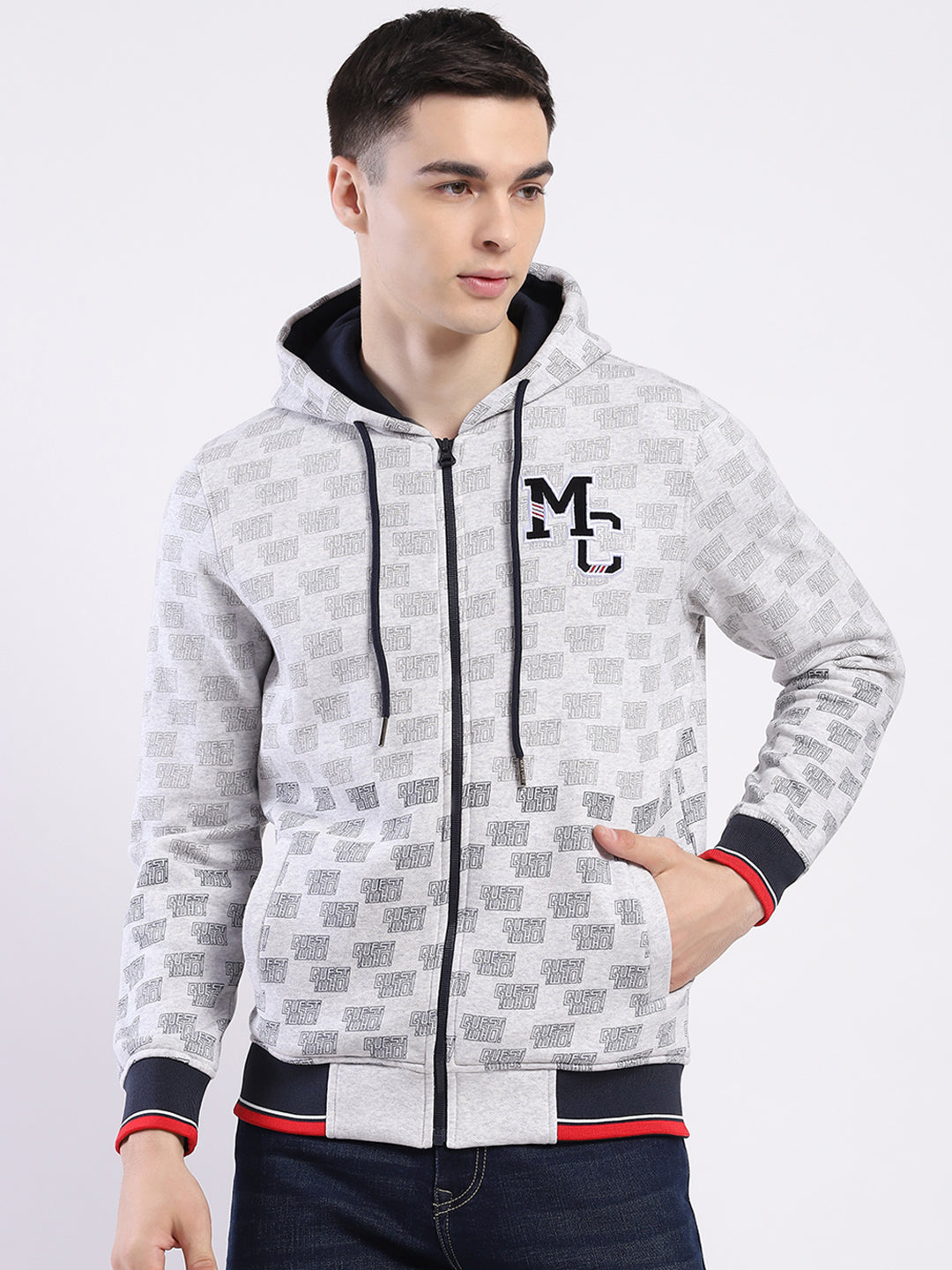 Men Grey Printed Hooded Full Sleeve Sweatshirt
