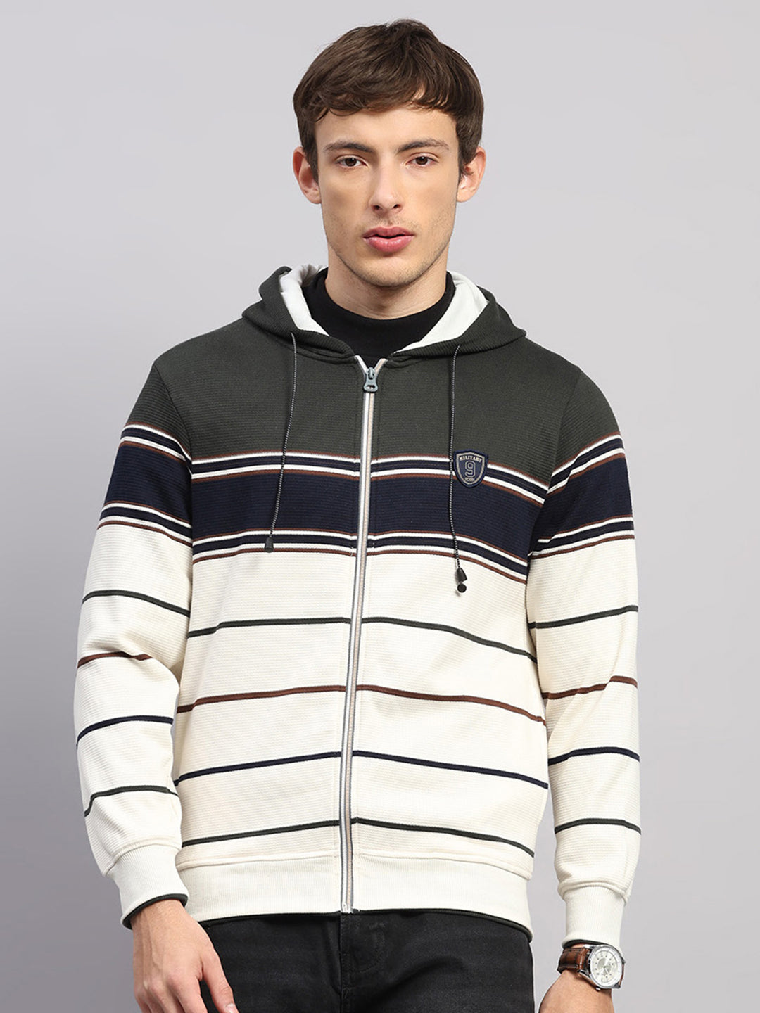 Men Olive Solid Hooded Full Sleeve Sweatshirt