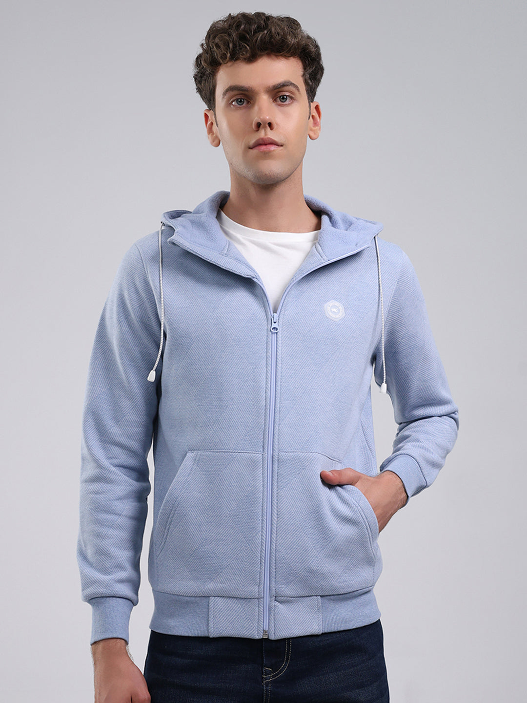 Men Sky Blue Solid Hooded Full Sleeve Sweatshirt