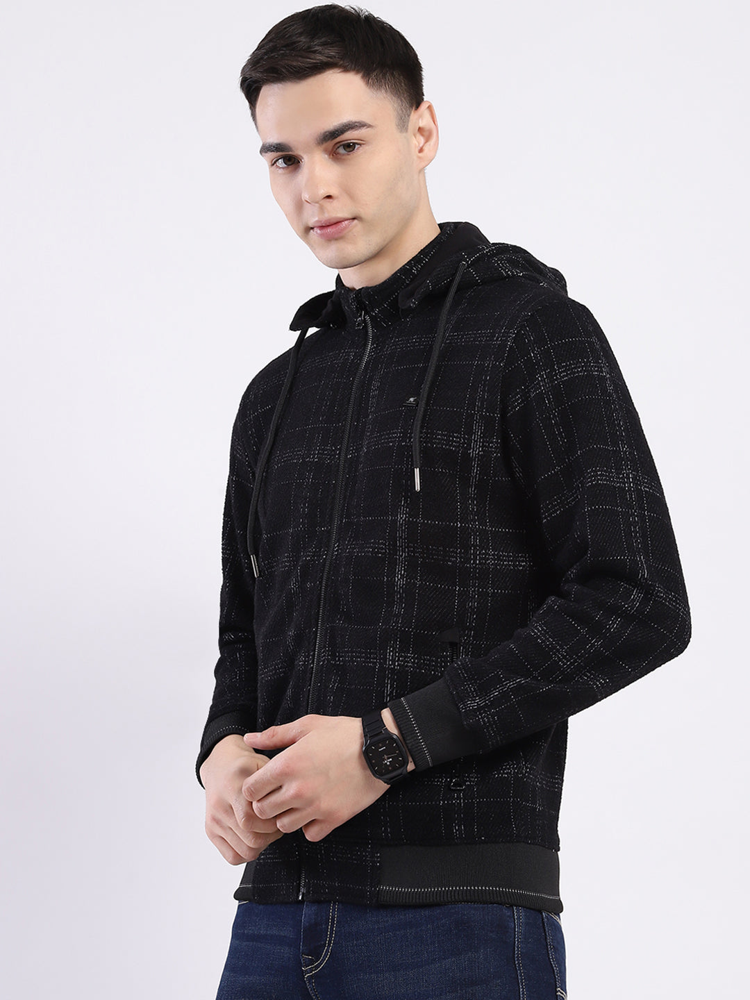 Men Black Printed Hooded Full Sleeve Sweatshirt