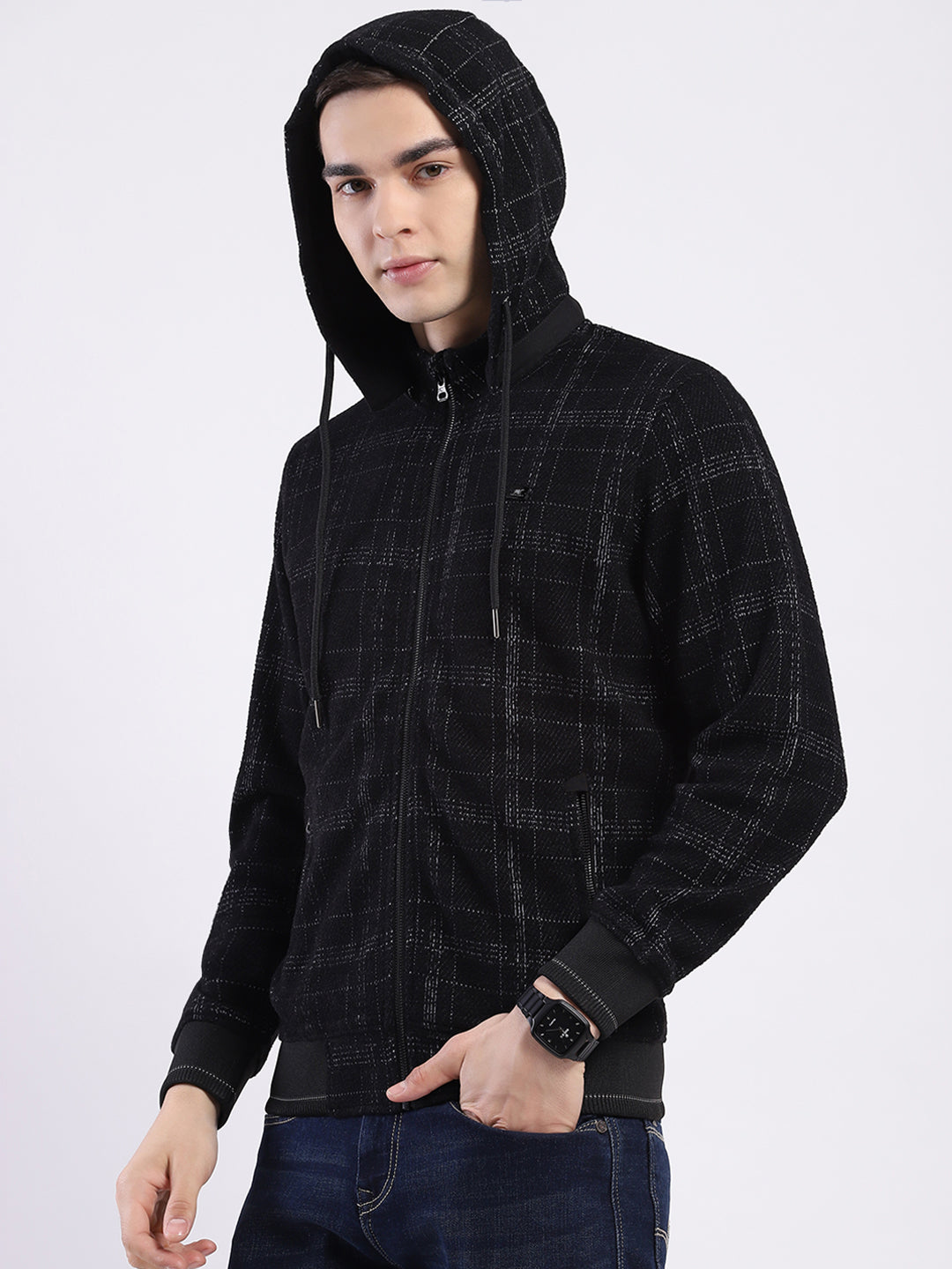 Men Black Printed Hooded Full Sleeve Sweatshirt