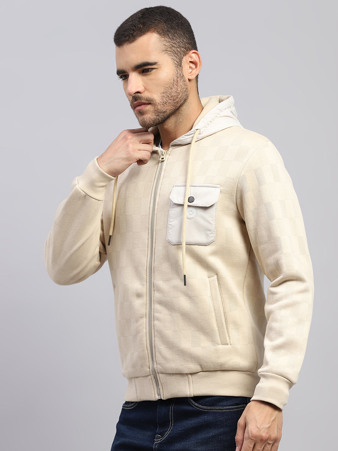 Men Beige Solid Hooded Full Sleeve Sweatshirt