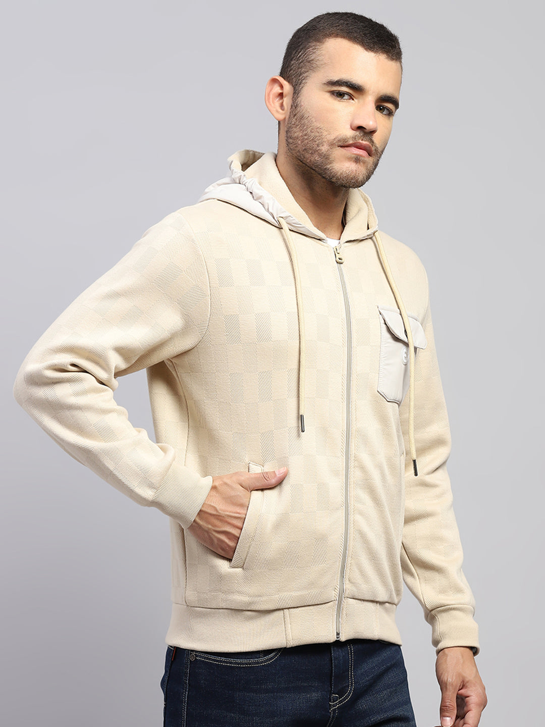 Men Beige Solid Hooded Full Sleeve Sweatshirt
