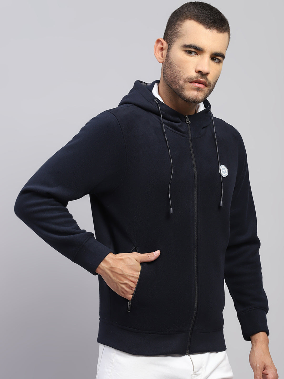 Men Navy Blue Solid Hooded Full Sleeve Sweatshirt